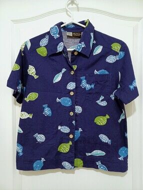 Oleg Cassini Weekend Navy Shirt with Blue & Green Fish Print